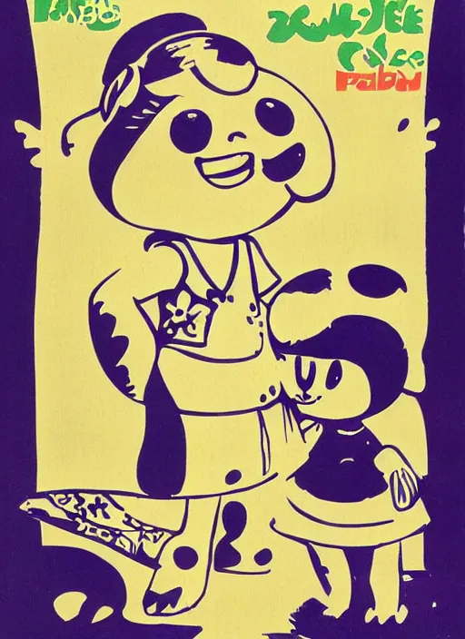 Image similar to Polish posters for Isabelle from Animal Crossing. Screen printed, silkscreen, paper texture. 1968