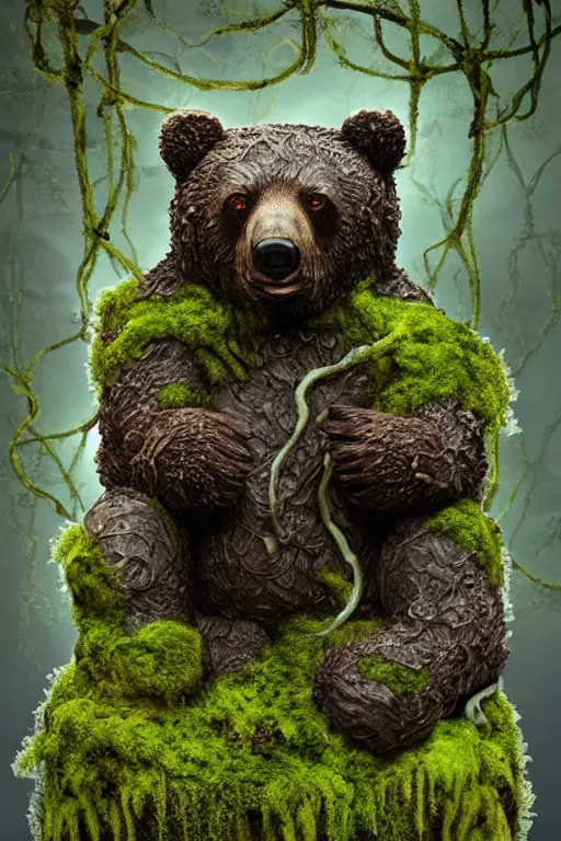 Prompt: surreal, covered with moss and vines marble statue of a bear!! with octopusc tentacles!, covered with moss and small flowers, in the old garden!!, trees and plants, concept art, highly detailed, sharp focus, masterpiece, radiant light, 3 d render, digital art, zbrush, blender, by artgerm, by kinkade