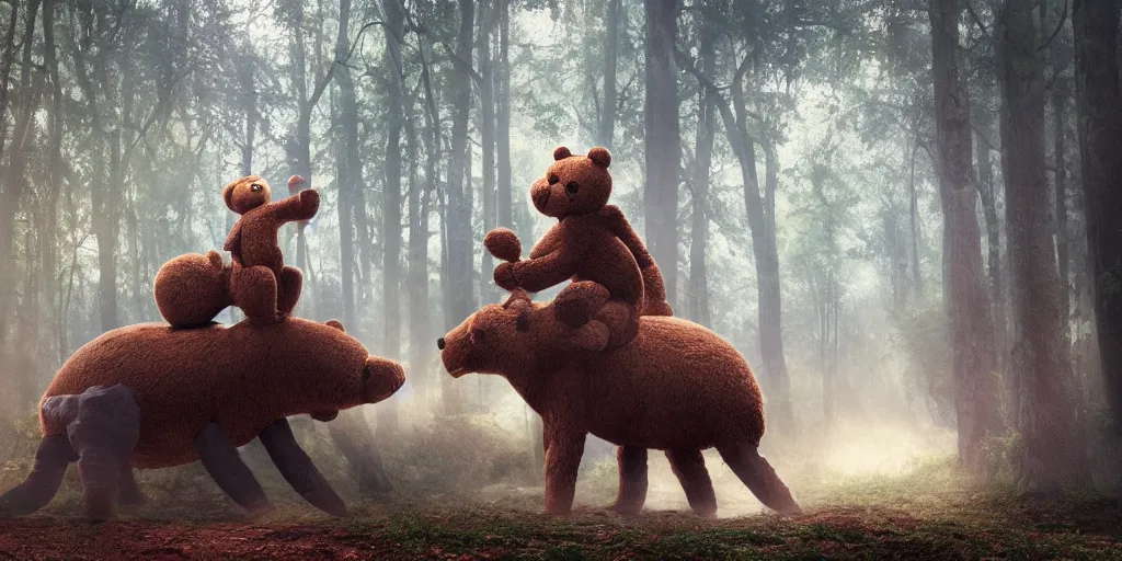 Image similar to a giant ant is riding a giant teddy bear in a forest, moody, cinematic light, matte painting, concept art, highly detailed, 8k