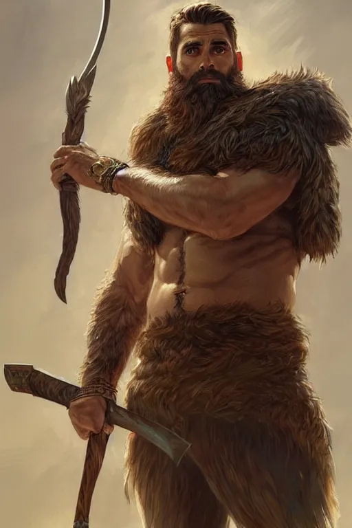 Prompt: full body portrait of a gruff ranger with a spear, lean and toned, handsome face, hairy chest and hairy body, D&D, intricate, elegant, highly detailed, digital painting, artstation, concept art, matte, sharp focus, illustration, art by Artgerm and Greg Rutkowski and Alphonse Mucha