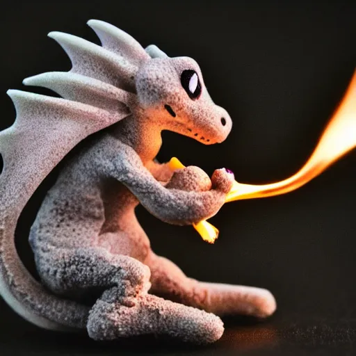 Prompt: macrophotography of a tiny dragon breathing fire onto a marshmallow. Cinematic.