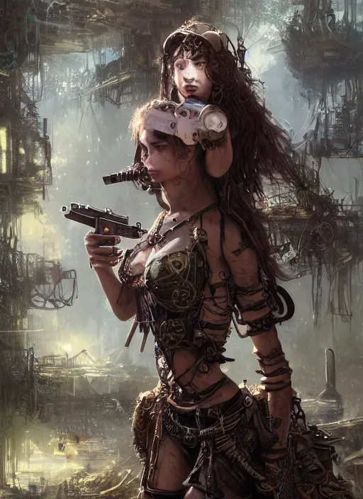 Prompt: cover illustration of a young very beautiful cute tribal woman with a steampunk gun, in a post apocalyptic city overgrown with lush vegetation, by Luis Royo, by Greg Rutkowski, dark, gritty, intricate, concept art, volumetric lighting, volumetric atmosphere, octane render, trending on artstation, 8k