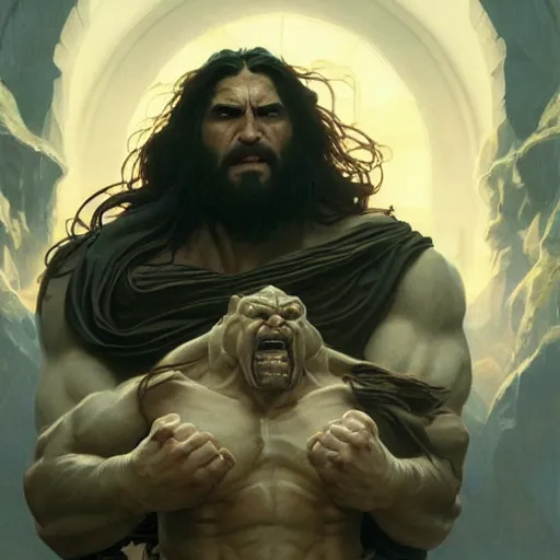 Image similar to hulking herculean ogre jesus christ, masterpiece, intricate, elegant, highly detailed, digital painting, artstation, concept art, smooth, sharp focus, illustration, art by artgerm and greg rutkowski and alphonse mucha and uang guangjian and gil elvgren and sachin teng, symmetry!!