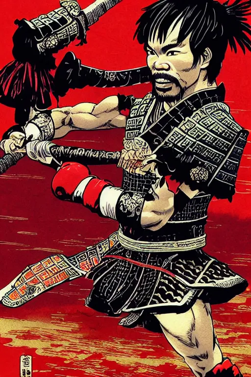 Image similar to poster of manny pacquiao as a samurai, wearing sengoku - era shogunate armor, by yoichi hatakenaka, masamune shirow, josan gonzales and dan mumford, ayami kojima, takato yamamoto, barclay shaw, karol bak, yukito kishiro