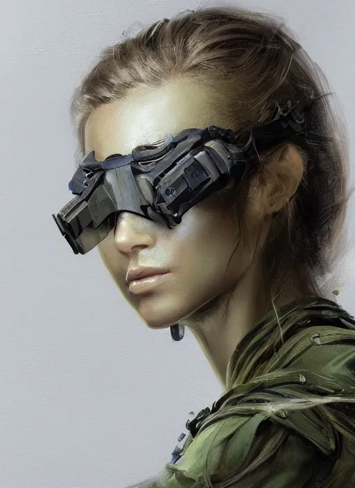 Image similar to a professional painting of a beautiful young female, clothed in stealth armor, nightvision goggles, olive skin, long dark hair, beautiful bone structure, symmetrical facial features, intricate, elegant, digital painting, concept art, smooth, sharp focus, illustration, from Metal Gear, by Ruan Jia and Mandy Jurgens and Artgerm and William-Adolphe Bouguerea