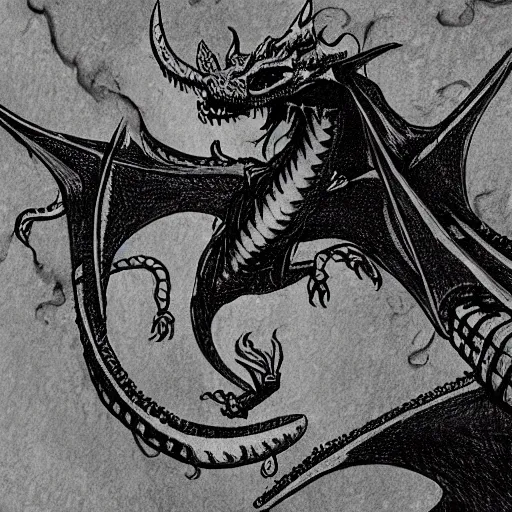 Image similar to detailed image of a Mike Mignola style dragon and of a castle