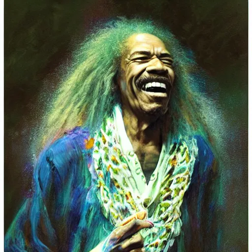 Image similar to UHD tonalism painting of an elderly, old Jimmy Hendrix, by Antonio Caparo and Ferdinand Knab and Greg Rutkowski, UHD, photorealistic, trending on artstation, trending on deviantart