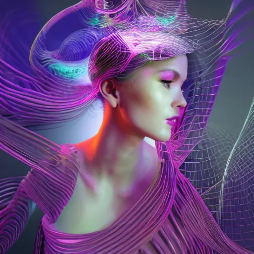 Image similar to Art by Andrew Chiampo and Frederik Heyman, a highly detailed digital art rendering and concept design of a breathtaking young ethereal woman elegantly positioned and entwined in fluid chromatic neon trails, Fantasy, hyperrealism, 4k, volumetric lighting, three dimensions, a digitally altered world, user interface design, 3D modeling, illustration, and transportation design