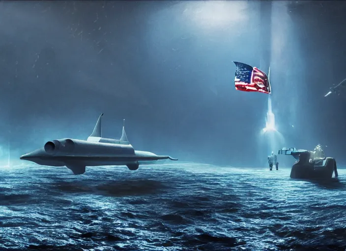 Image similar to astronaut holding a flag in an underwater desert. a submarine is visible in the distance. dark, concept art, cinematic, dramatic, atmospheric, 8 k, trending on artstation, blue, fish, low visibility, fog, ocean floor, christopher nolan, interstellar