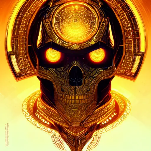 Image similar to symmetry!! portrait of golden! skull warrior, tech wear, glowing lights!! intricate, elegant, highly detailed, digital painting, artstation, concept art, smooth, sharp focus, illustration, art by artgerm and greg rutkowski and alphonse mucha