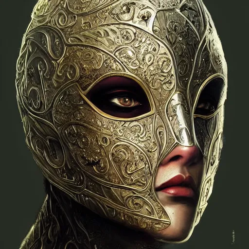 Image similar to Very very very very highly detailed epic photo of face with venetian mask, intricate, dystopian, sci-fi, extremely detailed, digital painting, artstation, concept art, smooth, sharp focus, illustration, intimidating lighting, incredible art by Artgerm and Anton Pieck