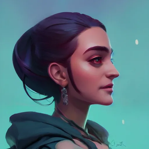Prompt: side - profile portrait, maya ali mage, gloomhaven, dynamic lighting, gaudy colors, octane render aesthetic, matte painting concept art, official fanart behance hd artstation by jesper ejsing, by rhads and makoto shinkai and lois van baarle and ilya kuvshinov and rossdraw