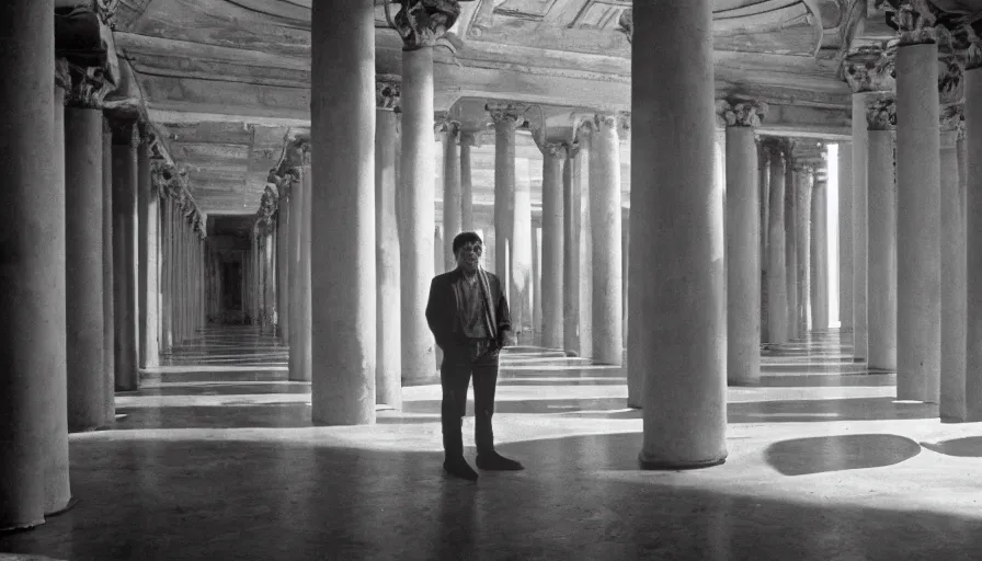 Prompt: 1 9 7 0 s andrei tarkovsky movie still of a man in red drapery in a spherical building with columns and esoterical pyramids, by piranesi, panoramic, ultra wide lens, cinematic light, anamorphic