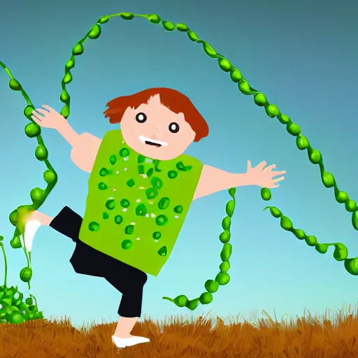 Image similar to an illustration of a child with a runny nose and sauerkraut arms running over peas, digital art