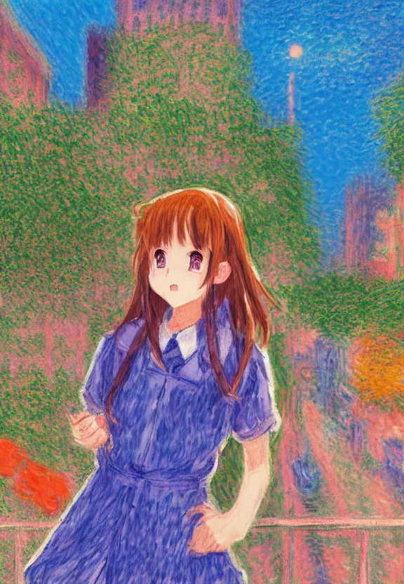 Image similar to wide angle portrait of a teenage girl, a thrifty outfit, somewhat of an anime in impressionist style, city street view background, starlit night sky, trending artwork, illustrated in anime painter studio, by claude monet