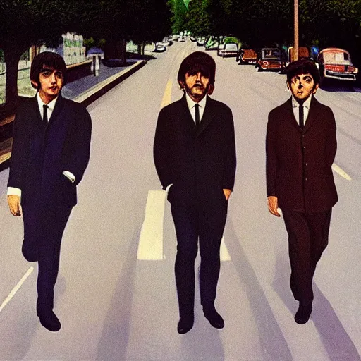 Image similar to beatles walk across the road by Raphael, Hopper, and Rene Magritte. detailed, romantic, enchanting, trending on artstation.