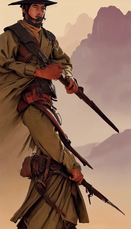 Prompt: steady gaucho poncho, xix century military outfit, desert storm background, intricate, highly detailed, digital painting, artstation, concept art, sharp focus, illustration, art by Artgerm, Grafit Studio, and Greg Rutkowski, Craig Mullins, Makoto Shinkai, Stanley Artgerm Lau, WLOP, Rossdraws, James Jean, Andrei Riabovitchev, Marc Simonetti, krenz cushart, Sakimichan, D&D trending on ArtStation, digital art - W 700