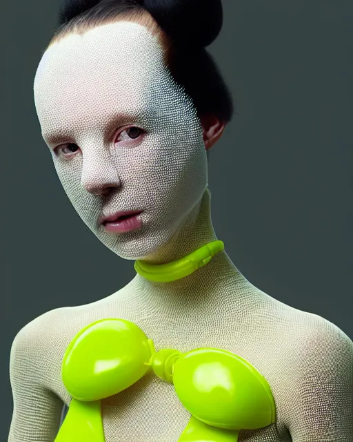 Image similar to portrait of a woman wearing a white embroidered translucent silicone mask and white neon yellow frizzy hair buns, wearing a black bodysuit by alexander mcqueen, cream white background, soft diffused light, biotechnology, humanoide robot, bjork aesthetic, translucent, by rineke dijkstra, intricate details, highly detailed, masterpiece,