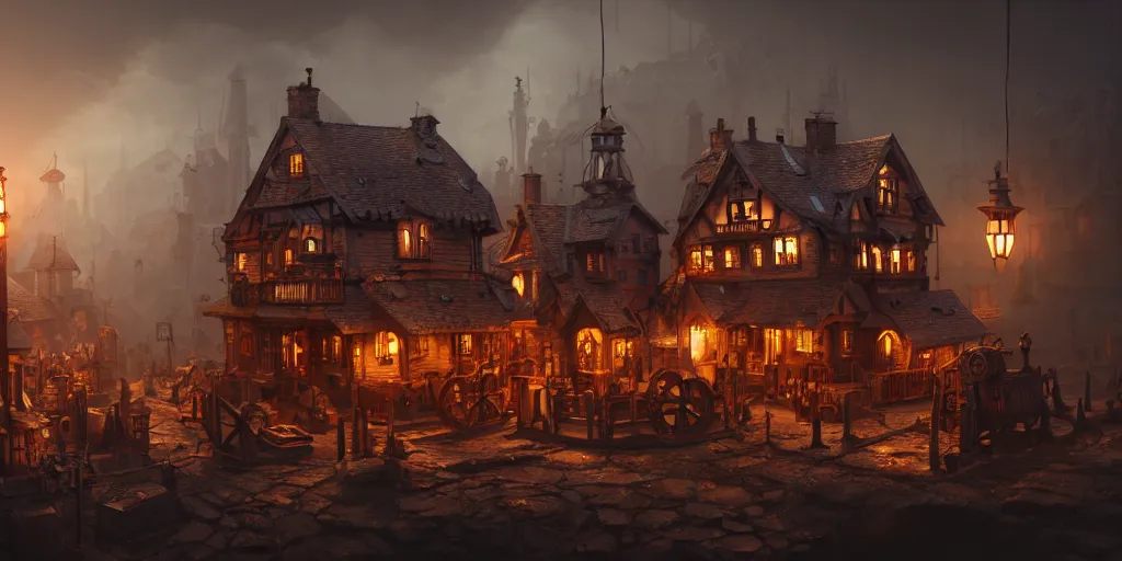 Image similar to a small steampunk wooden village, rich, cyborgs, dark aesthetic, soft colours, natural, steam, big clocks, concept art, octane render, unreal engine, in the style of luca guadagnino, highly detailed, high quality, artstation, digital art, 8 k hdr, cinematic, dramatic lighting, scenic, rich colour scheme