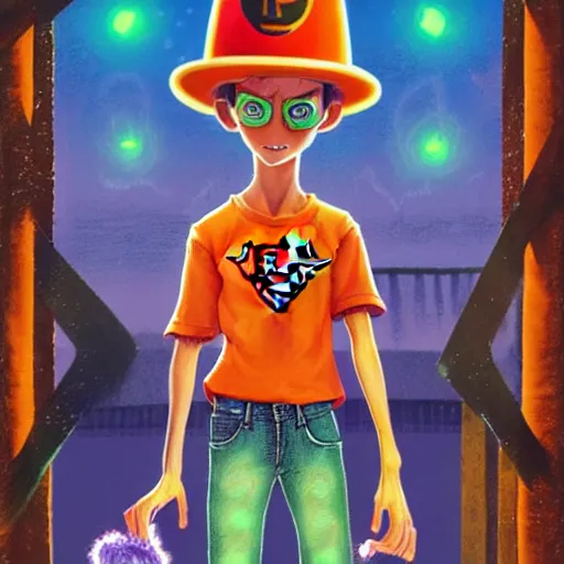 Image similar to a skinny young man wearing a hat at school with wavy hair and glowing orange eyes as a super hero, pixar cute, highly detailed, sharp focus, neon color, digital painting, floating particles, artwork by Jeremiah Ketner + Mati Klarwein + Fintan Magee + Chris Mars, background artwork by greg rutkowski