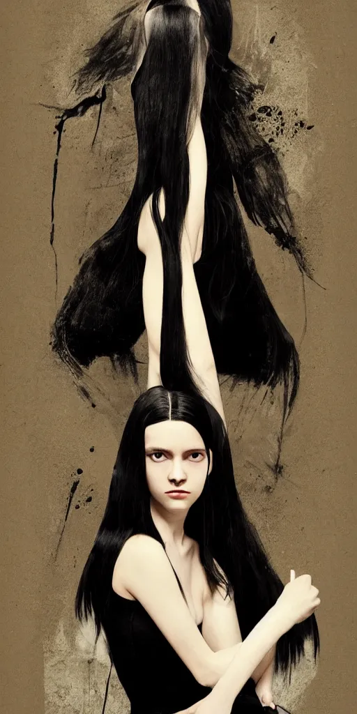 Prompt: character poster of young girl with straight long black hair wearing black dress sitting in bathroom floor, poster by artgem, greg rutkowski and mario testino