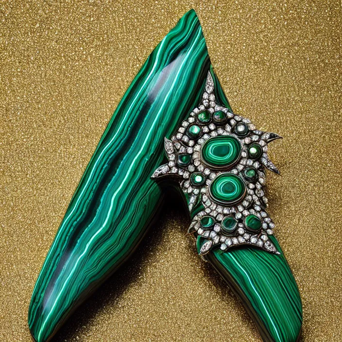 Image similar to photograph of a real-life malachite axe with jewels. Extremely detailed. 8k