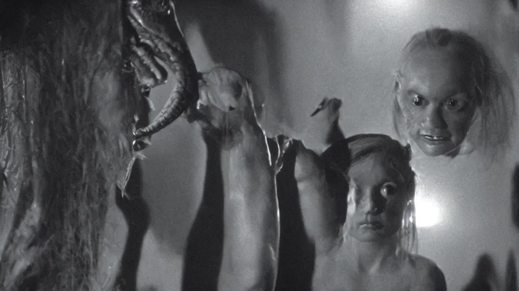 Prompt: movie scene of a girl and a draconian humanoid, reptil, reptilian, movie still, cinematic composition, cinematic light, criterion collection, reimagined by industrial light and magic, Movie by Andrzej Żuławski