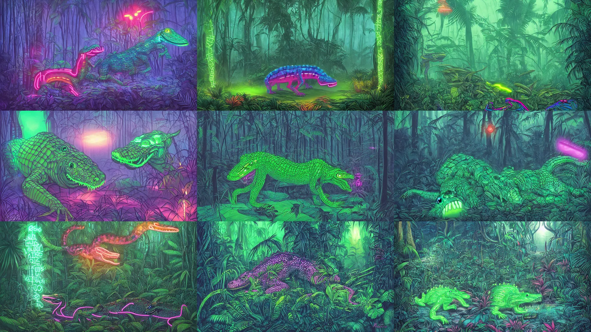 Prompt: neon glowing alligator in a foggy jungle by magali villeneuve