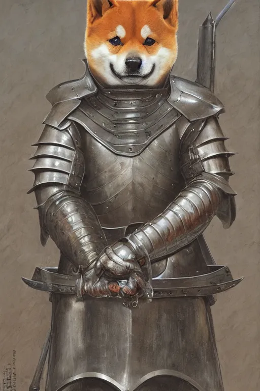 Image similar to a detailed matte portrait of an anthropomorphic shiba inu in steel plate armor, shiba inu face, very large longsword leaning against the side of a tavern, city streets, masterpiece, 8 k, art by donato giancola and greg rutkowski and wayne barlow and zdzisław beksinski