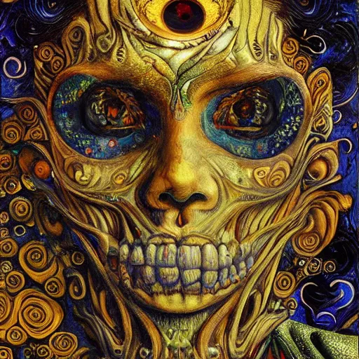 Image similar to Memento Mori by Karol Bak, Jean Deville, Gustav Klimt, and Vincent Van Gogh, beautiful visionary mystical portrait, calavera, otherworldly, fractal structures, ornate gilded medieval icon, third eye, spirals, jeweled calavera