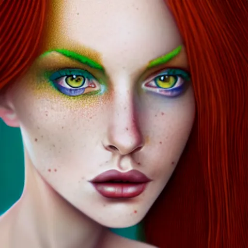 Image similar to a red haired, beautiful woman with blue / green eyes, some freckles, pale skin deep focus, elegant, digital painting, smooth, sharp focus, golden ratio, illustration, ultra realistic, 8 k, art by jasmine becket griffith