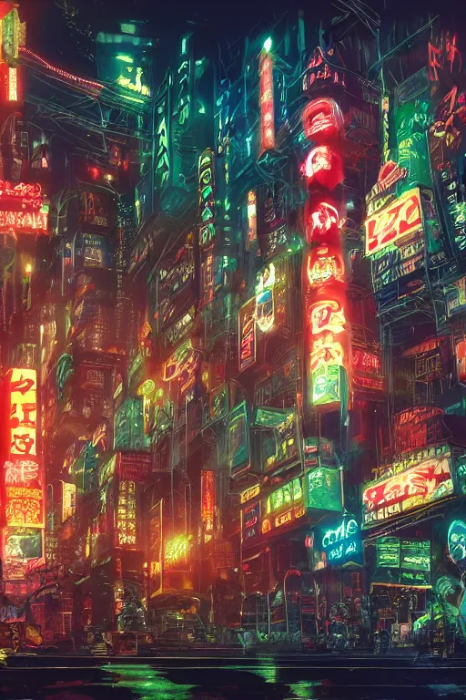 Prompt: neon tokyo, adorned pillars, towers, landscape, alex ross, neal Adams, david finch, concept art, matte painting, highly detailed, rule of thirds, dynamic lighting, cinematic, detailed, denoised, centerd