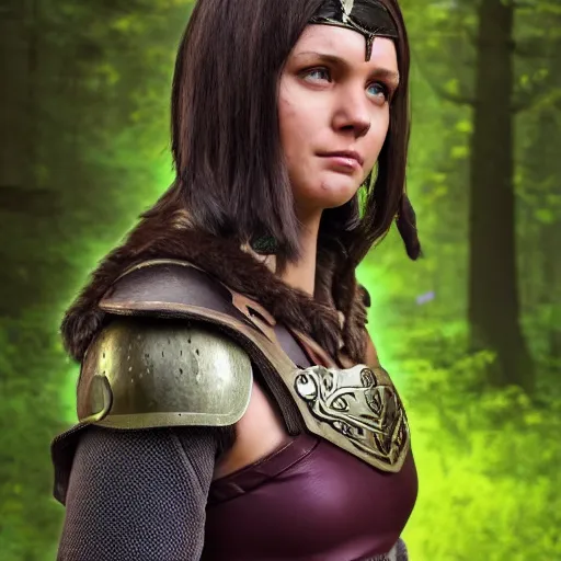 Image similar to athena as a medieval fantasy wood elf, dark purplish hair tucked behind ears, wearing a green tunic with a fur lined collar and brown leather armor, wide, muscular build, scar across nose, one black, scaled arm, cinematic, character art, digital art, forest background, realistic. 8 k,