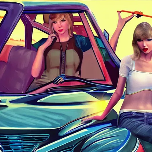 Image similar to Taylor Swift in GTA 5, cover art by Stephen Bliss