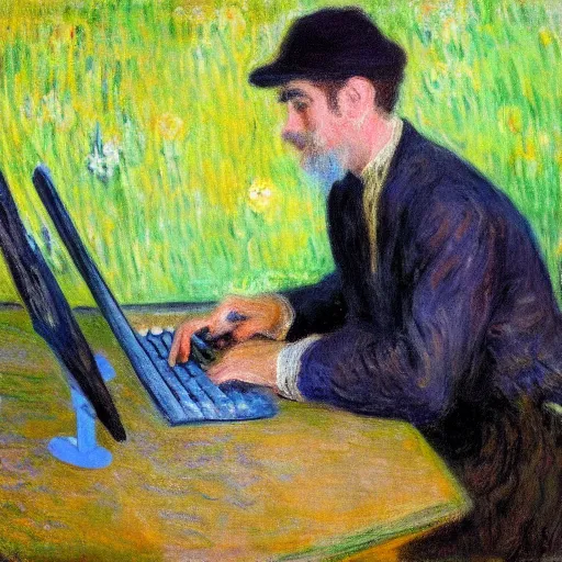 Prompt: monet painting of a skinny man playing warzone on a computer, a soccer game is on the tv behind him, highly detailed, realistic,