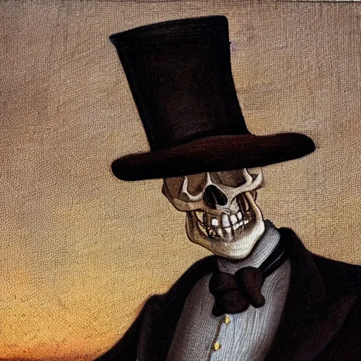 Image similar to Renaissance oil painting of skeleton wearing a suit and top hat at sunset.