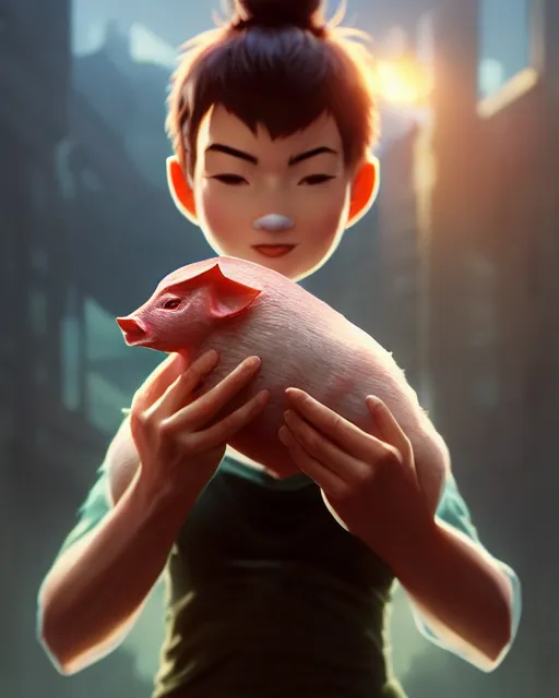 Prompt: movie still macro close photo of anonymous holding pork to mouth, by weta disney pixar greg rutkowski wlop ilya kuvshinov rossdraws artgerm octane render iridescent, bright morning, liosh, mucha