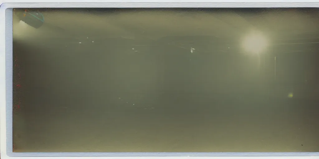 Prompt: polaroid photo of an empty dancehall, bright colourful strobelights, smoke coming from the floor, lens flare