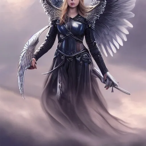 Prompt: portrait of young aasimar angel valkyrie warrior girl maiden wearing comfy leather armor with beautiful feathered angel wings, blue eyes, Chloe Moretz, Natalie Portman, Emily Ratajkowski, innocent, intricate, elegant, highly detailed, ultradetailed, hyperdetailed, artstation, concept art, smooth, sharp focus, illustration, art by artgerm and greg rutkowski and Rossdraws and Bluesssatan and Mandy Jurgens