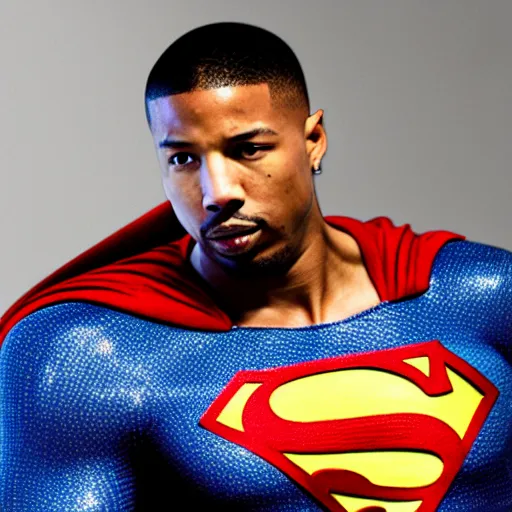 Image similar to michael b jordan as superman. realistic. high detail.