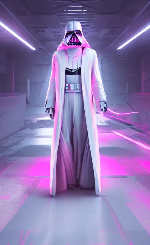 Prompt: white darth vader synth wave retro wave vapor wave white and pink lighting and clothes and tech cyberpunk style ultra realistic high quality highly detailed 8 k