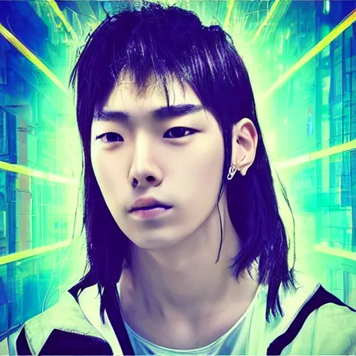 Image similar to “ portrait photo of half - cyborg k - pop male star, cyberpunk ”