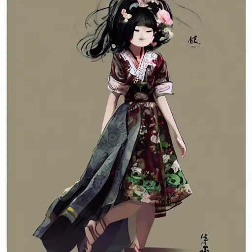 Image similar to concept art for a middle - aged chinese teacher with permed hear and a floral dress, by dustin nguyen, akihiko yoshida, greg tocchini, trending on artstation, 8 k