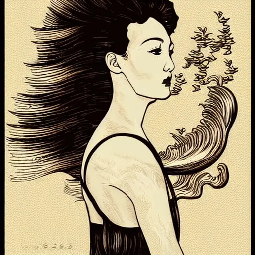 Prompt: hair made from the great wave, girl portrait