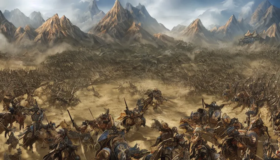 Image similar to matte painting of a beautiful batttlefield of tai ethnic group versus mongol empire, the fight scene of two warloads ride on their war - elephents in the center of the scene, digital art, trending on artstation