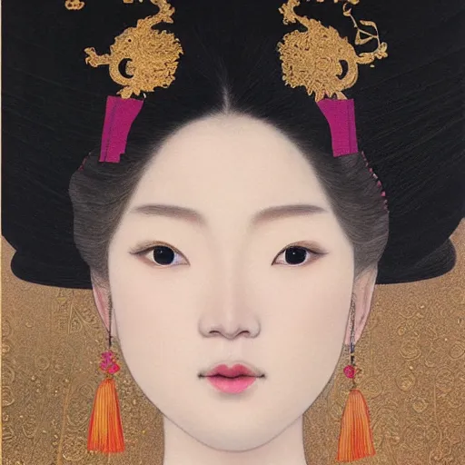 Image similar to hyper realism portrait of Chinese princess by Zhong, Fenghua and Ohara Koson and Klimt, Gustav, stunning, detailing, artstation trending, perfect lighting, golden hour, face detailing