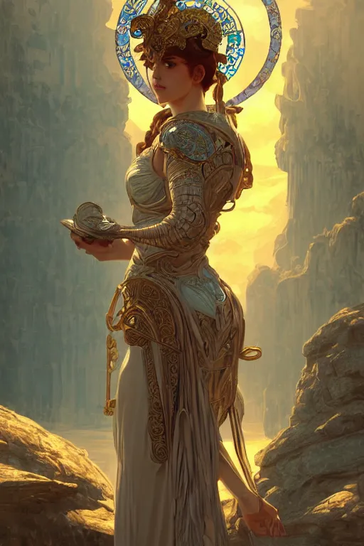 Image similar to portrait goddess athena, in ruined Agora of Athens Sunrise, ssci-fi and fantasy, intricate and very beautiful and elegant, highly detailed, digital painting, artstation, concept art, smooth and sharp focus, illustration, art by tian zi and WLOP and alphonse mucha