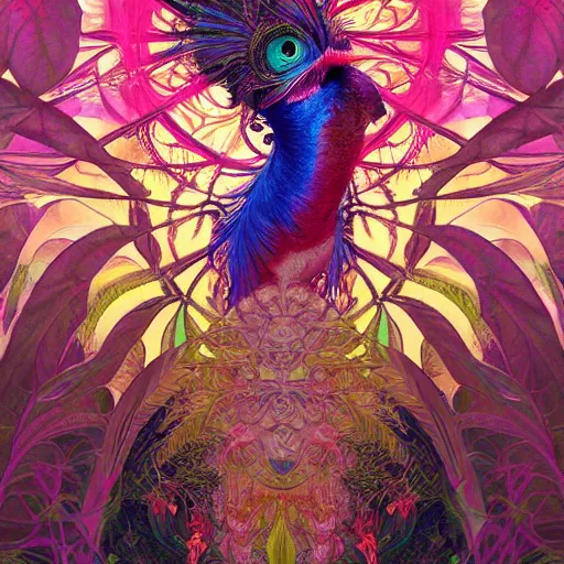 Image similar to A reality bending psychedelic ayahuasca experience, colorful, distorted, surreal, tropical bird feathers, dramatic lighting on the face, intricate, elegant, highly detailed, digital painting, concept art, smooth, sharp focus, illustration, art by Krenz Cushart and Wayne Barlowe and alphonse mucha