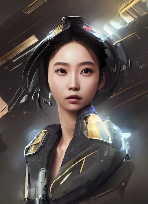 Image similar to portrait of angelababy, futuristic hong kong police uniform girl absurdly beautyfull, au naturel, hyper detailed, digital art, trending in artstation, cinematic lighting, studio quality, smooth render, unreal engine 5 rendered, octane rendered, art style by klimt and nixeu and ian sprigger and wlop and krenz cushart