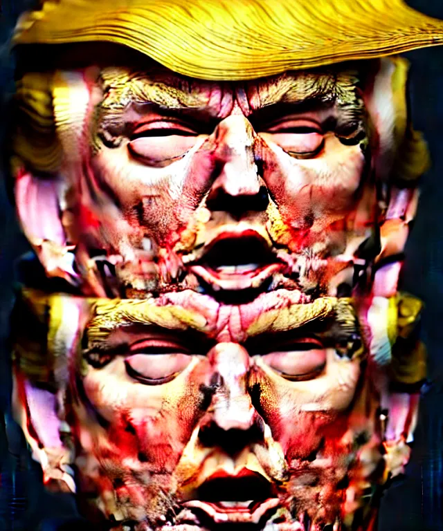 Prompt: hyperrealistic mixed media painting of Donald Trump as a doll, stunning 3d render inspired art by P. Craig Russell and Barry Windsor-Smith + perfect facial symmetry + dim volumetric lighting, serious expression, 8k octane beautifully detailed render, post-processing, extremely hyperdetailed, intricate, epic composition, cinematic lighting + masterpiece, trending on artstation, very very detailed, masterpiece, stunning